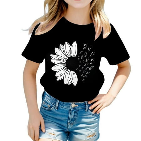 NAFUU Girls T Shirts Summer Butterfly Floral Blouse Round Neck Short Sleeve T-Shirts For Kids Fashion Homewear Playwear Versatile T Shirts For Girl 18-24 Months