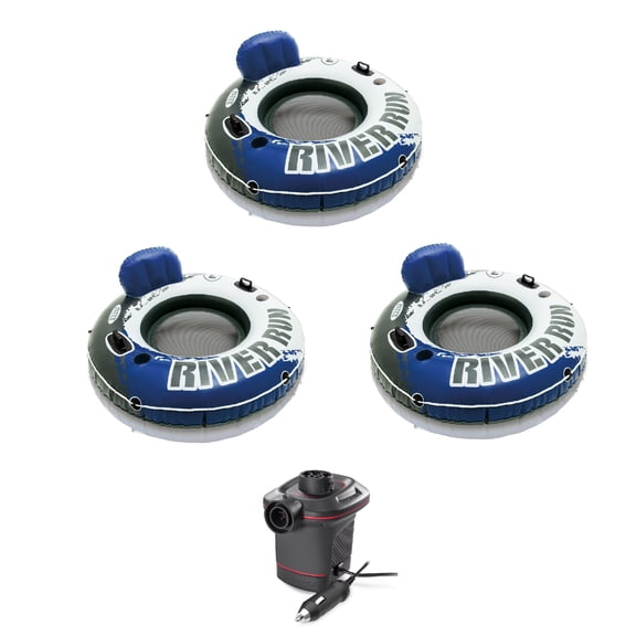 Intex River Run 1 Person Floating Tube (3 Pack) and 12 Volt Electric Air Pump