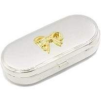 Silver with Gold Bow Rectangular Curved Edges Pocket Purse Portable Travel Pill Box