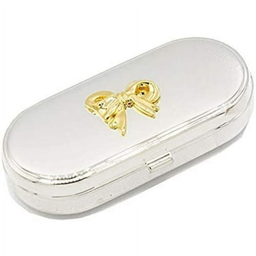 Silver with Gold Bow Rectangular Curved Edges Pocket Purse Portable Travel Pill Box