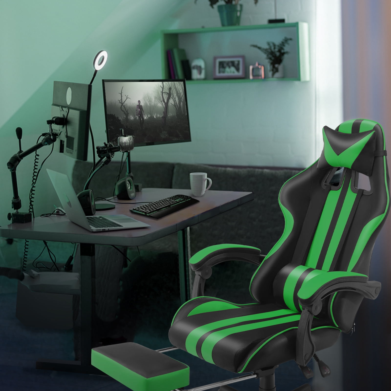 Luxvie Gaming Chair with Footrest High Back Computer Office Gamer Chair with Massage and Headrest Lumbar Support Swivel Seat Ergonomic Game Chair for Adults, Green