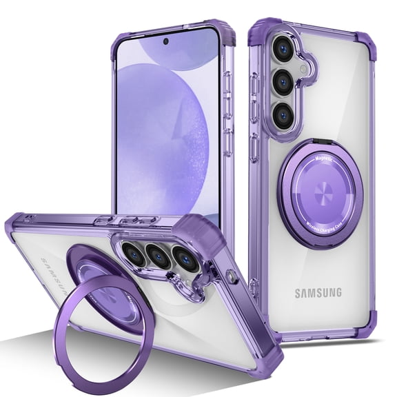 Lunvic for Samsung Galaxy S26 Case Magnetic, Clear Case with 360 Rotatable Ring Stand Compatible with MagSafe, Anti-Yellowing Heavy Duty Shockproof, Purple
