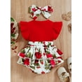 thumbnail image 4 of Genuiskids Newborn Infant Baby Girls Outfits Set Fake 2Pcs Suspender Bowknot Patchwork Donut/Flower Printed Ruffle Triangle Romper with Headband 0-24M, 4 of 9