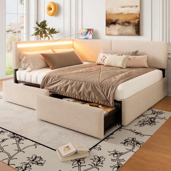 XIZE Twin Size Upholstered Cloud Bed Frame with Headboard, 2 Storage Drawers, LED Light, USB Port, Solid Wood Legs, No Box Spring Needed, Beige