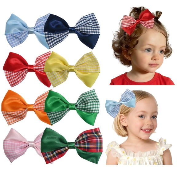 JoyBowie 8 Pcs 3.5inch Satin Gingham Hair Bows for Girls 4-12 Years, Reversible Ribbon Clips for Picnics & Daily Hairstyles