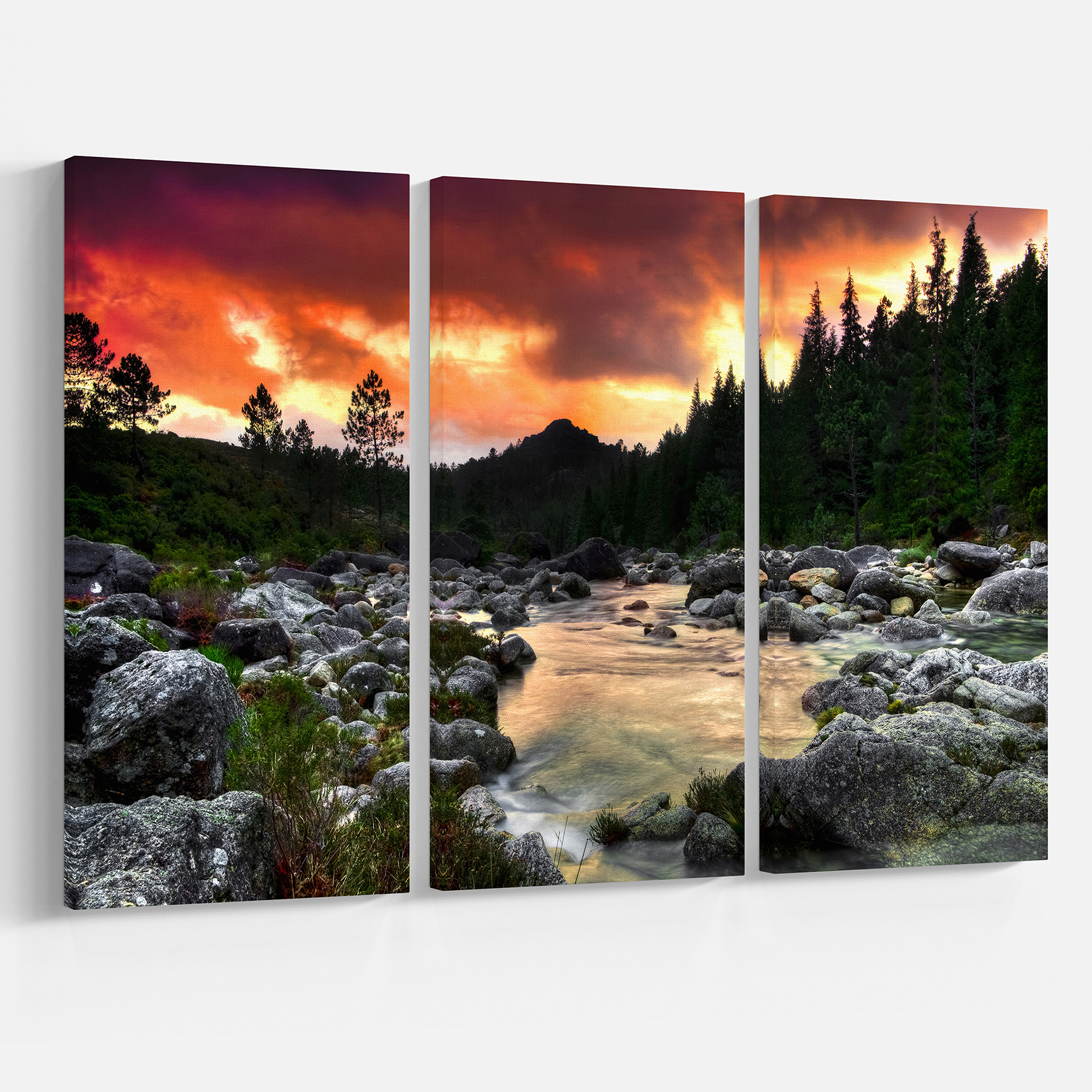 Designart 'Rocky Mountain River at Sunset ' Extra Large Wall Art Landscape