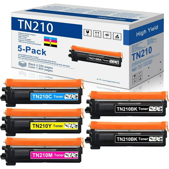 5PK (2BK 1C 1M 1Y) High Yield TN210 TN210BK TN210C TN210M TN210Y Toner Cartridge Replacement for Brother TN-210 HL-3040CN HL-3045CN HL-3070CW MFC-9010CN MFC-9120CN MFC-9125CN MFC-9320CW Printer Toner