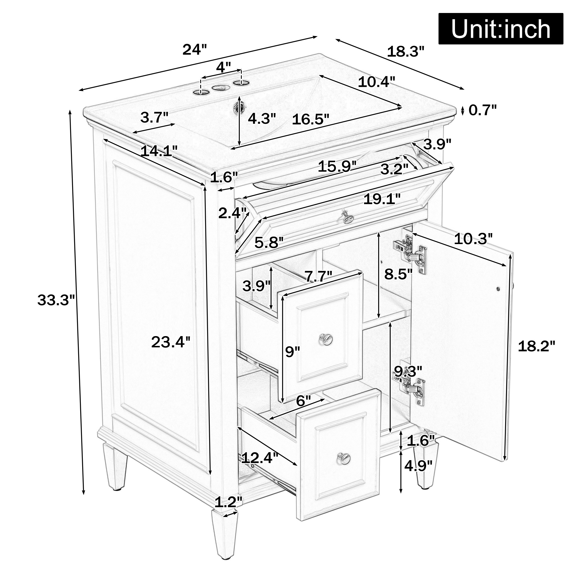YIYADO 24" Bathroom Vanity with Sink, Bathroom Vanity Cabinet with One Flip Drawer and Two Drawers, Adjustable Shelf, Solid Wood and MDF, Blue