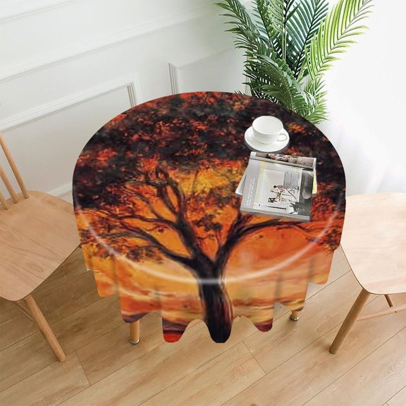 RKSupls 60 Inch Round Tablecloth, Tree Sunset Red Premium Polyester Straight Edge Wrinkle Resistant Washable Table Cover for Party Home Dining Decor