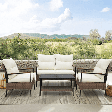 Inter Hut 4 Metal and Wicker Unmatched Relaxation Outdoor Conversation Sets, Black/Beige