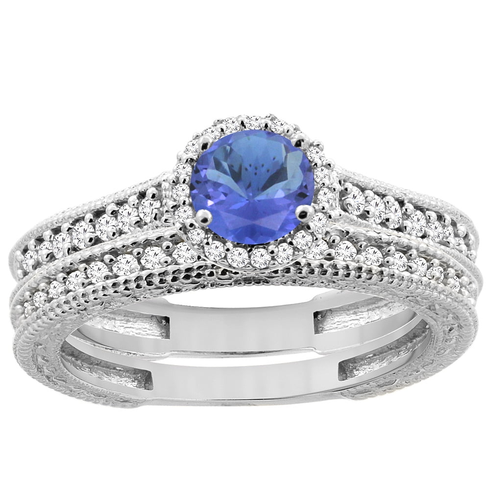 14K White Gold Natural Tanzanite Round 5mm Engagement Ring 2-piece Set Diamond Accents, size 6.5 by Gabriella Gold