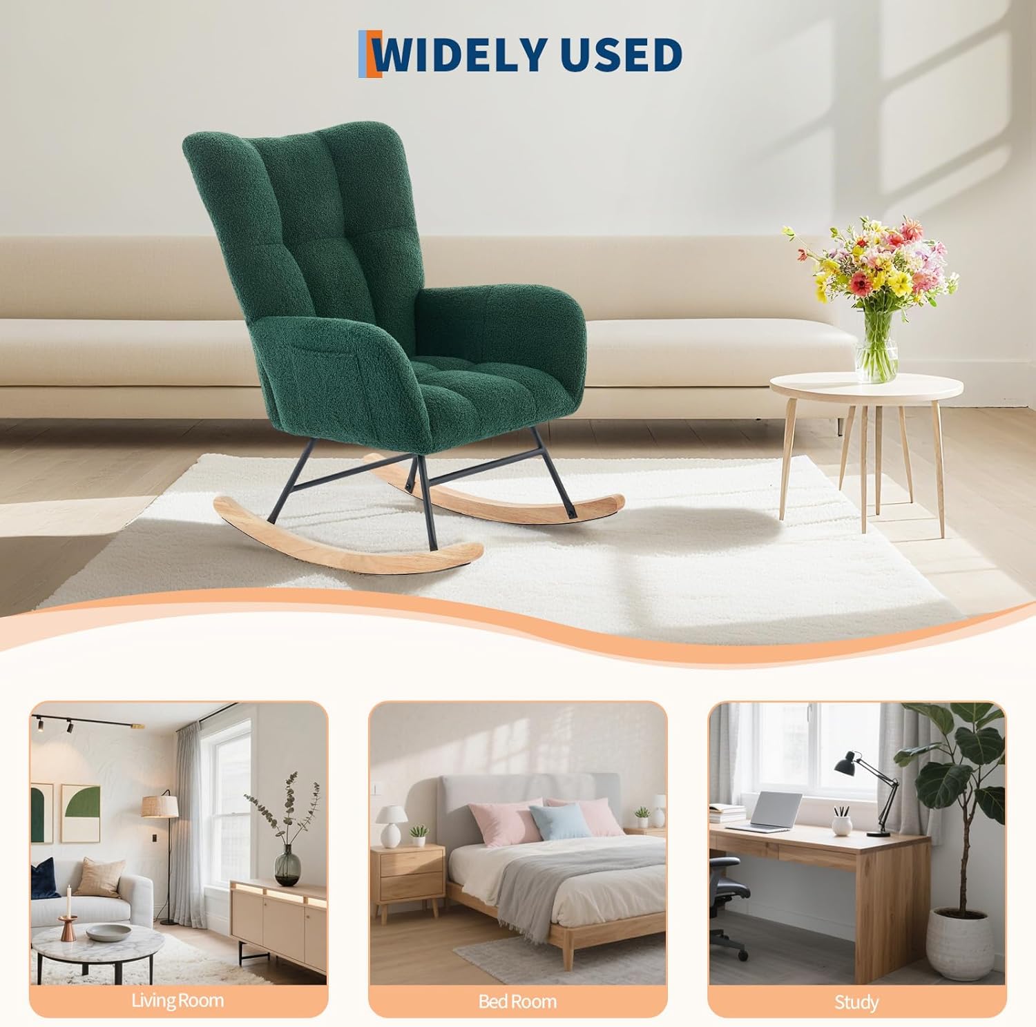 Rocking Chair Nursery Teddy Upholstered Baby Fluffy Glider Rocker for Adults Small Spaces Indoor Nursing Chair for Living Room Bedroom Classroom Beige Comfortable Durable Stylish-DarkGreen