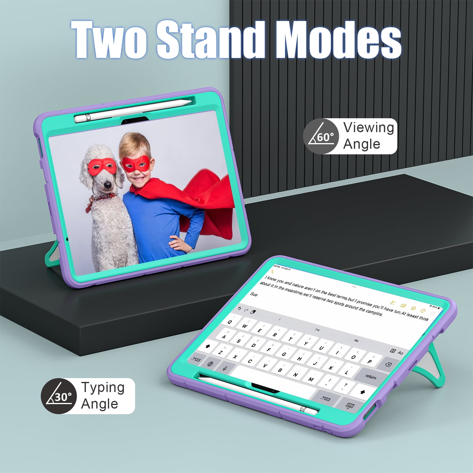 Allytechgroup iPad Pro 11 2024 Case, Cute Stylish Design Kids Friendly Rugged Kickstand Lightweight Silicone PC Case with Pencil Holder for Apple iPad Pro 11 Inch 2024, Purple+Green