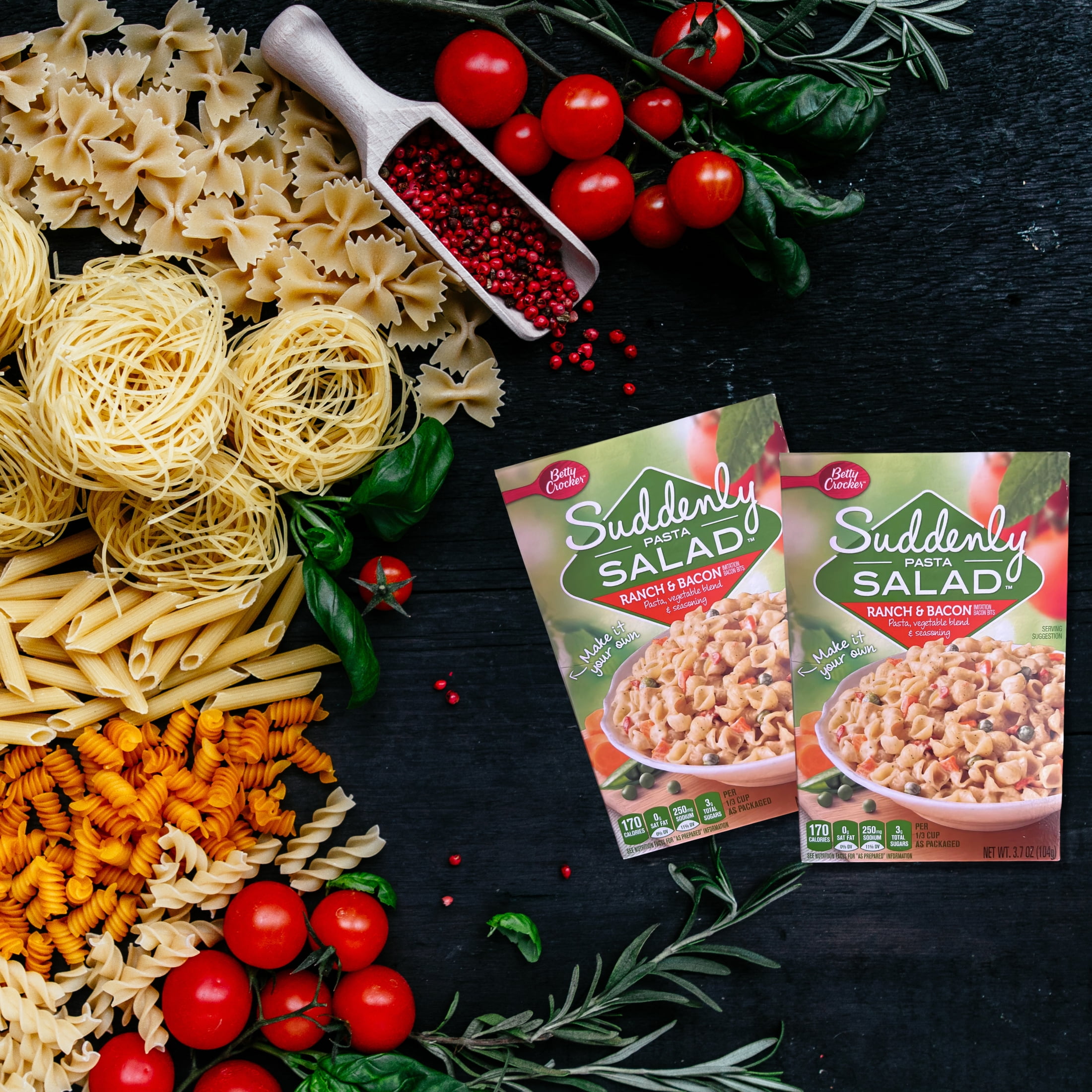 Betty Crocker Suddenly Pasta Salad Mix, Ranch & Bacon Flavor, 3.7oz Shell Pasta Dish Vegetable Blend Seasoning Easy Prepare Meal Snack Main Side Dish Instant Lunch Thanksgiving Dinner Gift Pack of 6