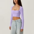 thumbnail image 2 of UJNDER Womens Square Neck Open Umbilical Top Long Sleeve Slim Fit Short T Shirt Crop Tops for Women Purple M, 2 of 7