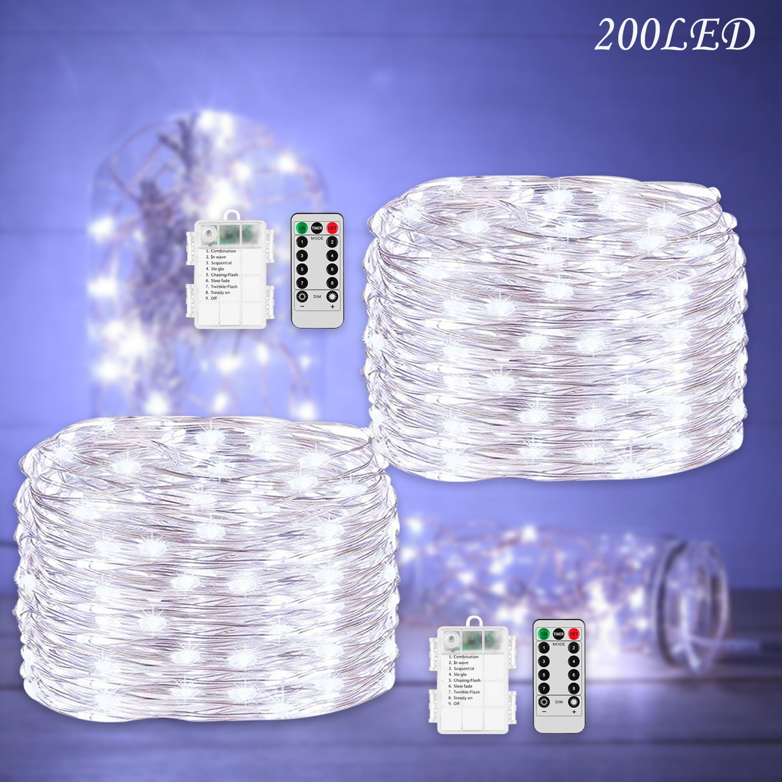 2 Pack Fairy Lights with Remote Control Timer, 66FT 200 LED Battery