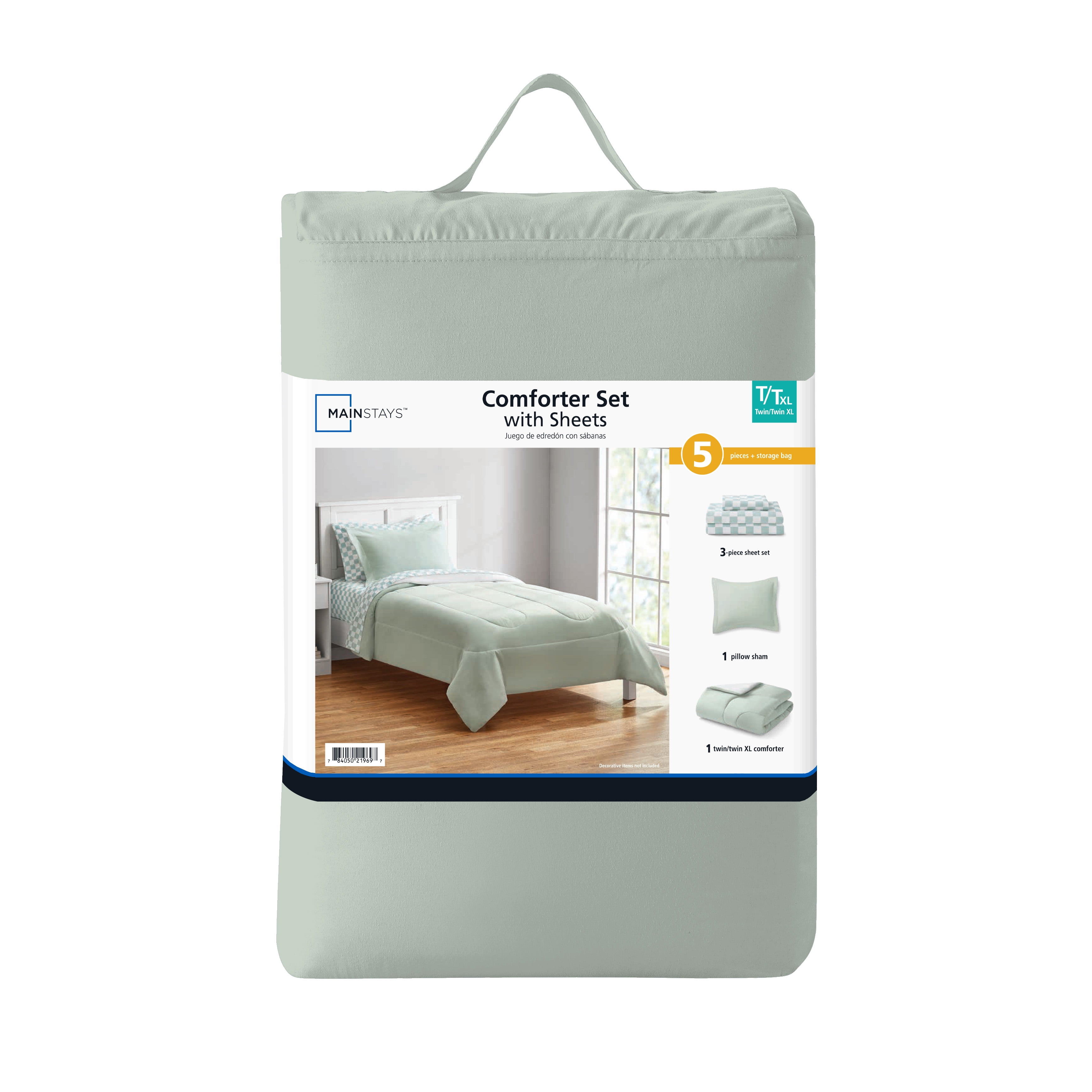 Mainstays 5-Piece Reversible Bed-in-a-Bag Comforter Set with Sheets, Sage, Twin-XL