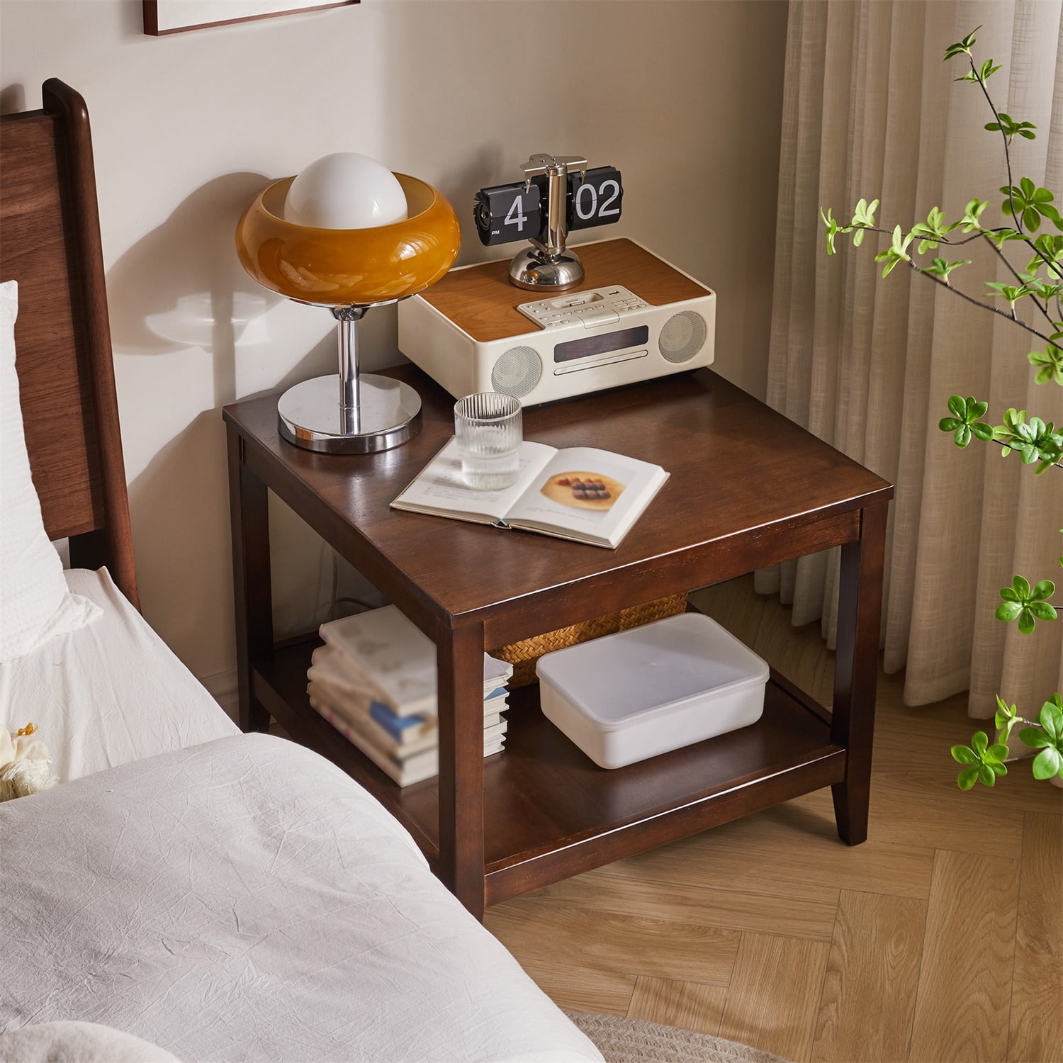 Hommoo Solid Wood Square End Table, 2-Tier Rubberwood Side Table with Open Shelf Storage, Compact Nightstand or Small Coffee Table for Living Room, Bedroom & Office, Walnut