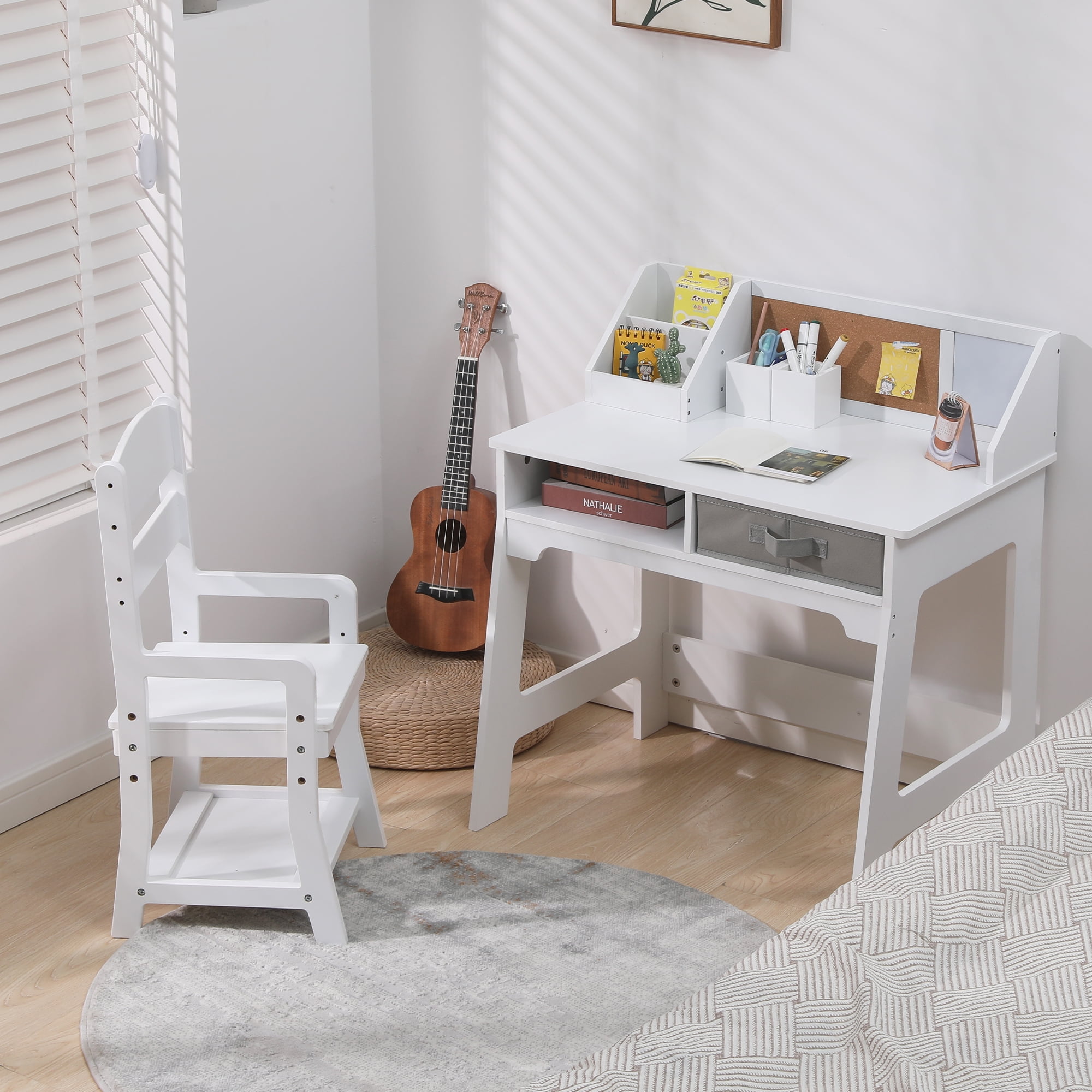 Kids Study Desk and Chair Set, Wood Kids Writing Table with Storage, Kids Activity Table with Bookshelf, Bulletin Board, Computer Desk for Boys and Girls