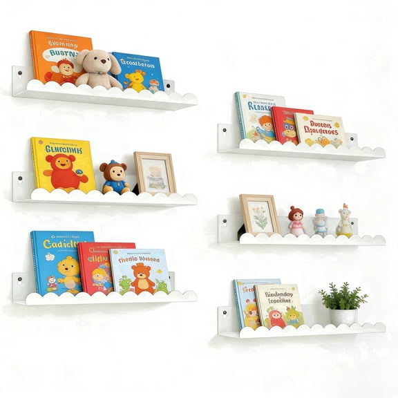 6-Piece White Nursery Book Shelves,  Metal Floating Shelves for Wall, 16 Inch Scalloped Book Shelf for Kids Room, Bathroom, Bedroom, Playroom Wall Decor(6 Count)