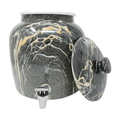 Blend Gallon - Premium Lead-Free Porcelain Beverage Dispenser With Matching Lid - 2.5 Gallons - With Crock Ring Protector, No-Drip Chrome Painted BPA-Free Plastic Spigot Faucet and Lid - Black Blend Classic Marble