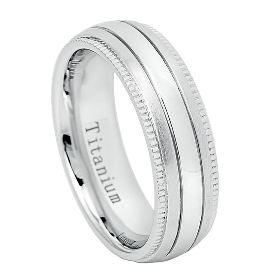 6.5MM Comfort Fit Titanium Wedding Band Raised Shiny Brushed Sides Milgrain Titanium Ring (Size 7 to 12)