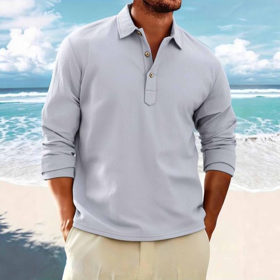 GSPCLAM Mens Polo Shirts Work Essential Linen Stretch Tops Solid Long Sleeves Lightweight Shirts for Office