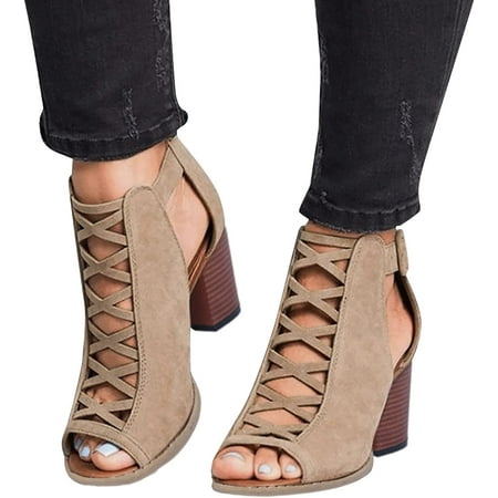 

Womens Open Toe Chunky Heeled Sandals Ankle Strap Buckle Zipper Summer Fashion Pumps Sandals Faux Suede Cutout Office Party Dress Booties