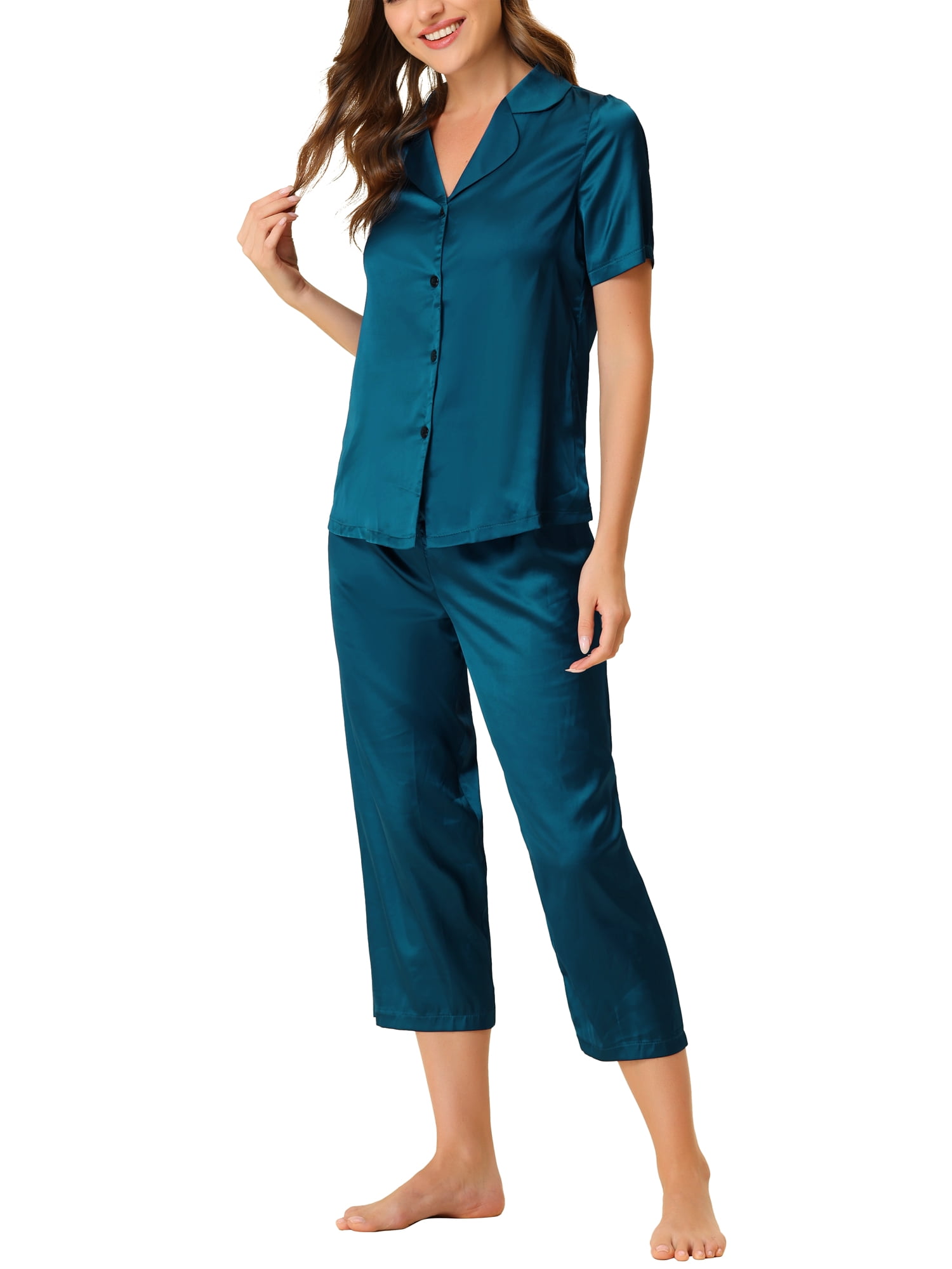 Unique Bargains Women's Loungewear Tops and Capri Pants Satin Pajama Sleepwear Sets