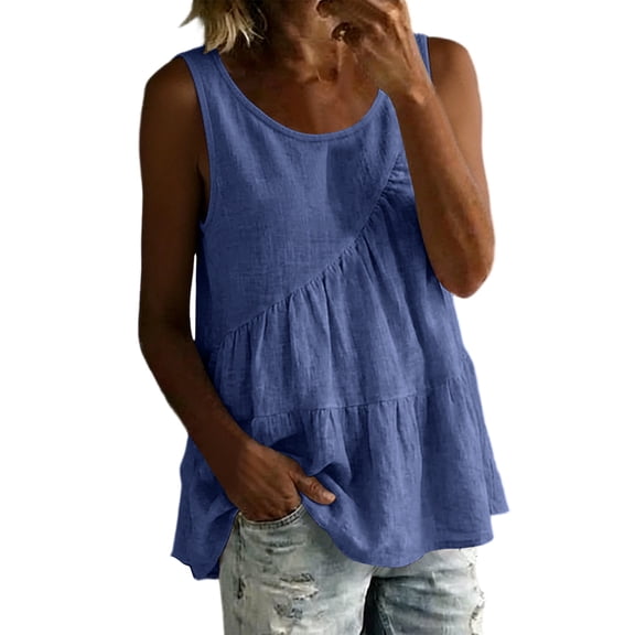 Crop Tank Tops for Women Pack New Women's Linen Sleeveless Tops Round Neck Loose Fits Casual Tank Tops Summer Lightweight Ruffle Hem Daily Comfy Camisole