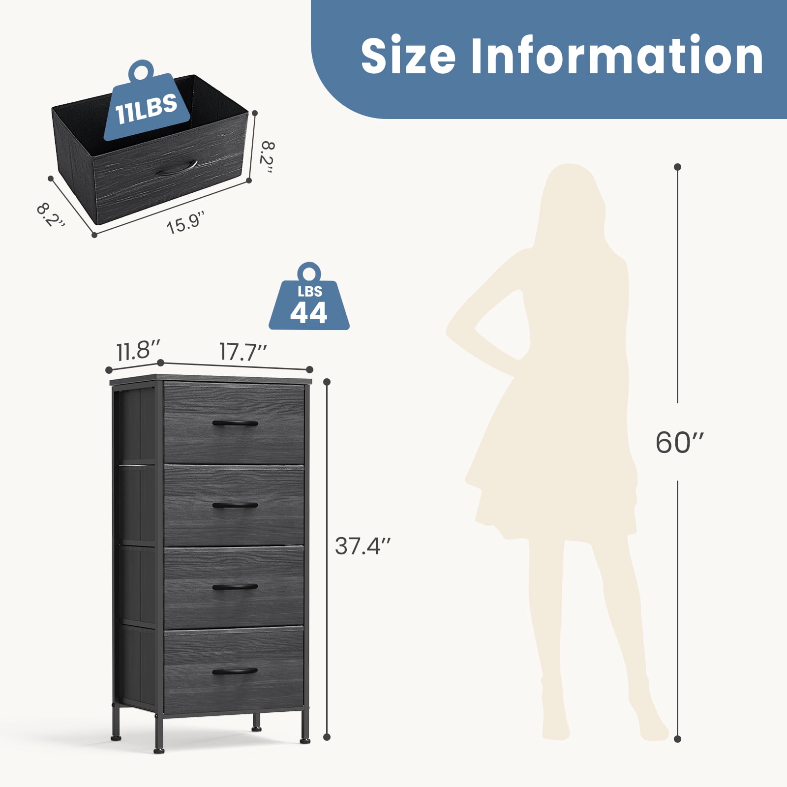 SWEETCRISPY Fabric Dresser With 4 Drawers, Storage Chest For Bedroom, Closet, Living Room, Hallway - Available In Black
