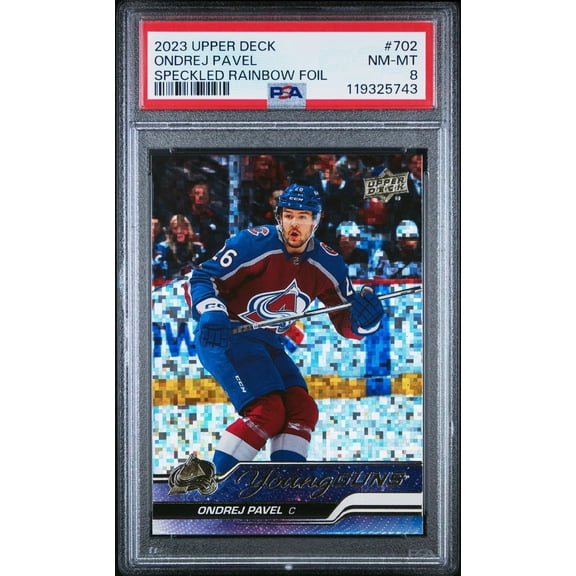 Graded 2023 Upper Deck Speckled Rainbow Foil #702 Ondrej Pavel PSA 8 Hockey Card