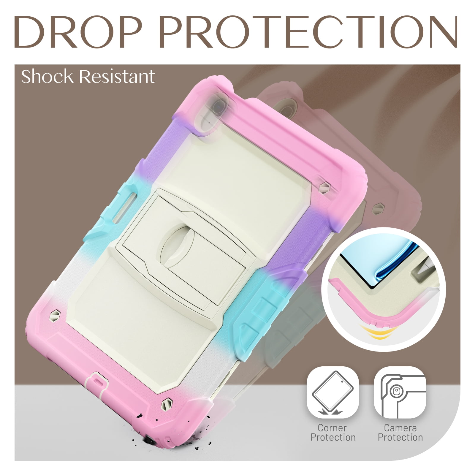 Dteck Built-in Screen Protector Case for iPad Air 11 inch 2025/2024 ,Heavy Duty Silicone Case Foldable Stand Cover Built-in Pencil Holder with Shoulder Strap for iPad Air 11-in. M3/M2,Colorful/Pink