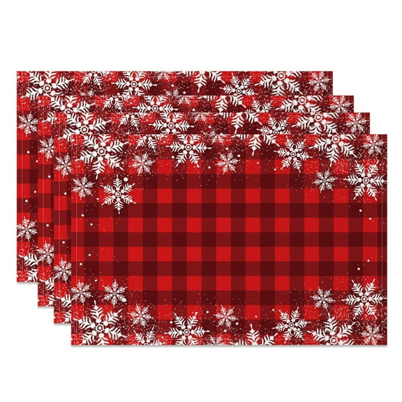 SUNOLIFE Buffalo Plaid Christmas Placemats Set of 4,Winter Snowflake Table Place Mats 12x18 inch