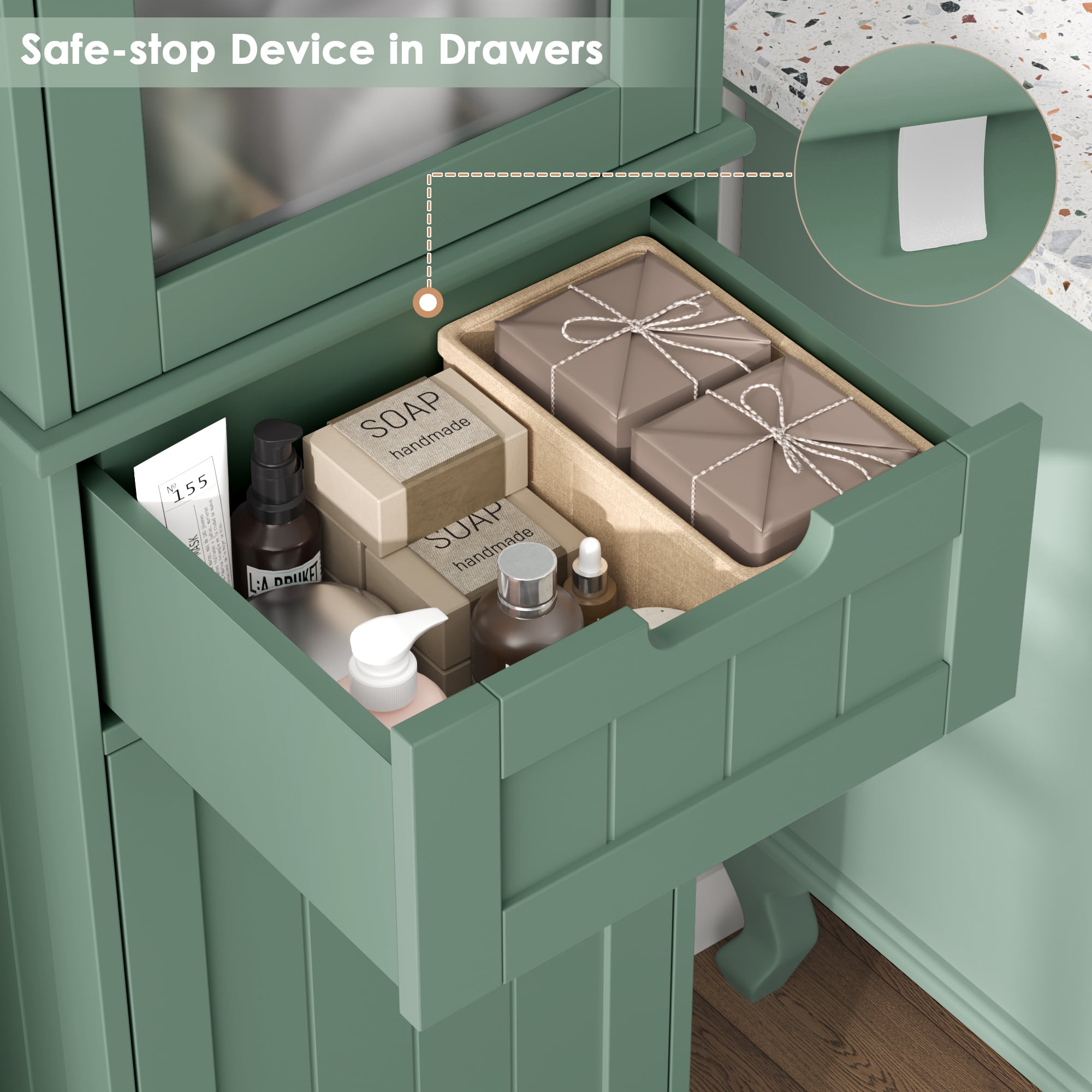 Homfa Bathroom Storage Tower, Narrow Linen Cabinet with Door and Drawers, Tall Bathroom Storage Cabinet for Small Spaces, Green