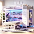 thumbnail image 5 of Bunk Bed with 75.6'' L-shaped Desk & Storage Hall Tree Twin Over Twin Gaming LED Loft Bed with Charger and work place White, 5 of 10