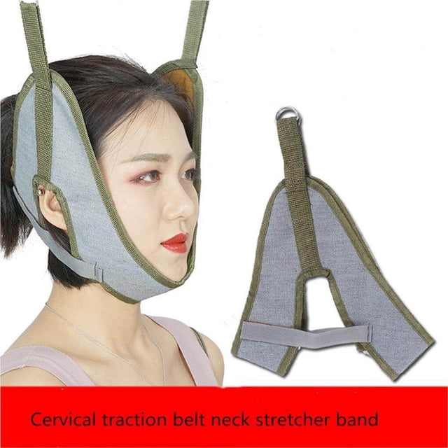 Neck Cervical Traction Device with an adjustable cervical traction strap made of durable canvas and braid material. Designed for use with traction chairs or frames, it aids in reducing pressure on muscles, nerve tissue, and minor cervical spine fractures. Features a breathable, skin-friendly fabric head holder suitable for most adults, ideal for medical recovery and home use.