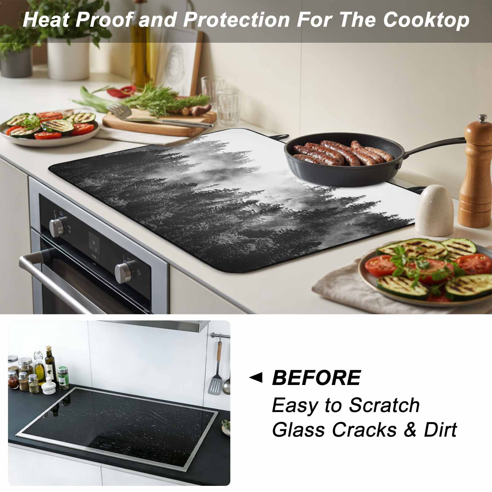 Black Forest Stove Top Cover for Electric Stove,Heat-proof & Non Slip Glass Top Stove Cover Protector,Black and White Natural Landscape Modern Abstract Art Kitchen Cooktop Rubber Mat 24x21 Inches