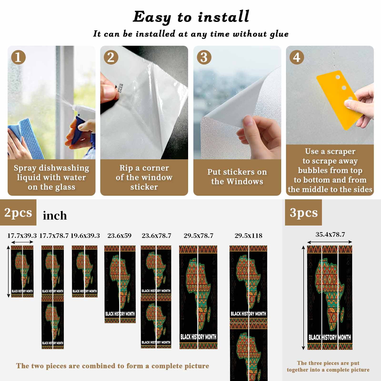 Black History Month Window Privacy Film, Retro Abastract Texture Frosted Glass Window Clings Static Cling UV Heat Blocking Reusable Door Sticker for Bathroom 23.6 x 59 Inch