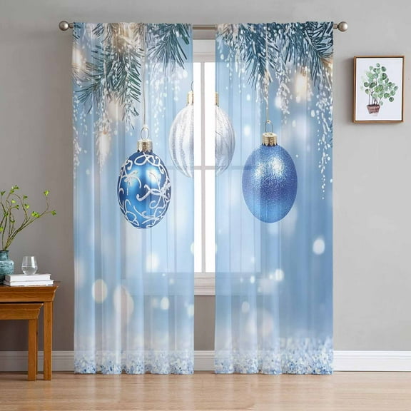Blue Christmas Sheer Curtains 84 Inches Long 2 Panels Set, Window Sheer Curtains for Living Room/Bedroom, Christmas Balls Xmas Snowflake Light Filtering Rod Pocket Curtain 52'' x 84'' x 2