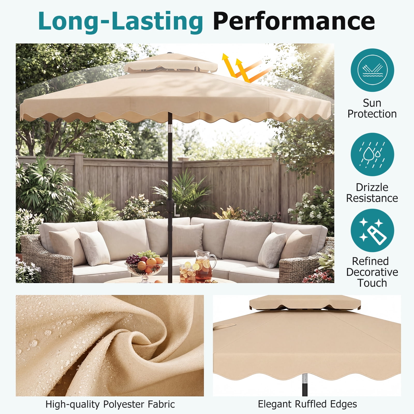 Gymax 9 FT Patio Umbrella w/Push Button Tilt & Crank 2-Tier Vented Top 8 Metal Ribs Beige