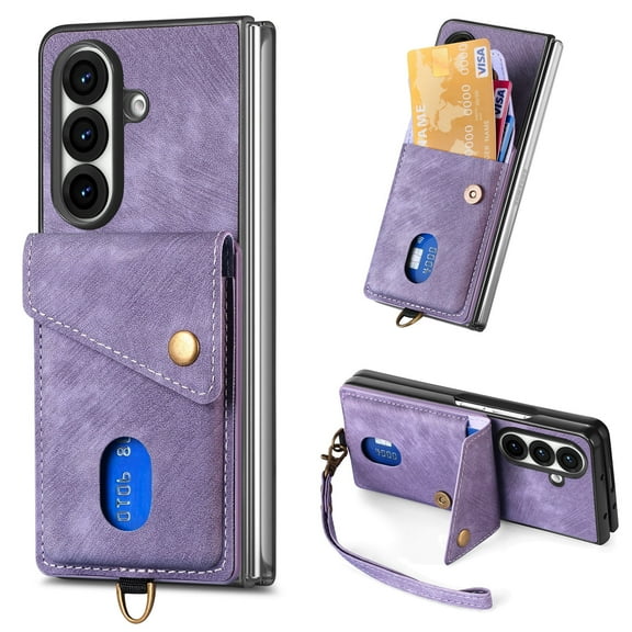 Tedixss for Samsung Galaxy Z Fold 7 5G Case,Wallet Phone Case with Card Holder Wrist Strap, Shockproof PU Leather Women Case Cover for Galaxy Z Fold 7, Purple