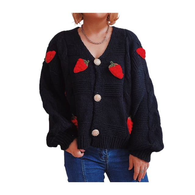 TRKIYQC Suéter Suelto De Punto De Cable Para Mujer, Cárdigan De Manga Larga Con Cuello En V Y Patrón De Bordado De Fresa En 3D De Un Solo Botonadura Para Adultos TRKIYQC moda