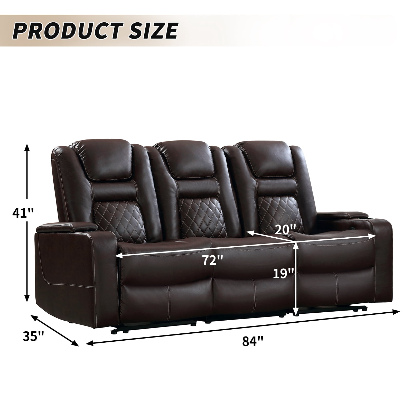 Bonzy Home Theater Recliner Chair Sofa, PU Leather 3 seat Power Recliner Sofa with Cup Holders, Hidden Arm Storage, USB Ports, Brown