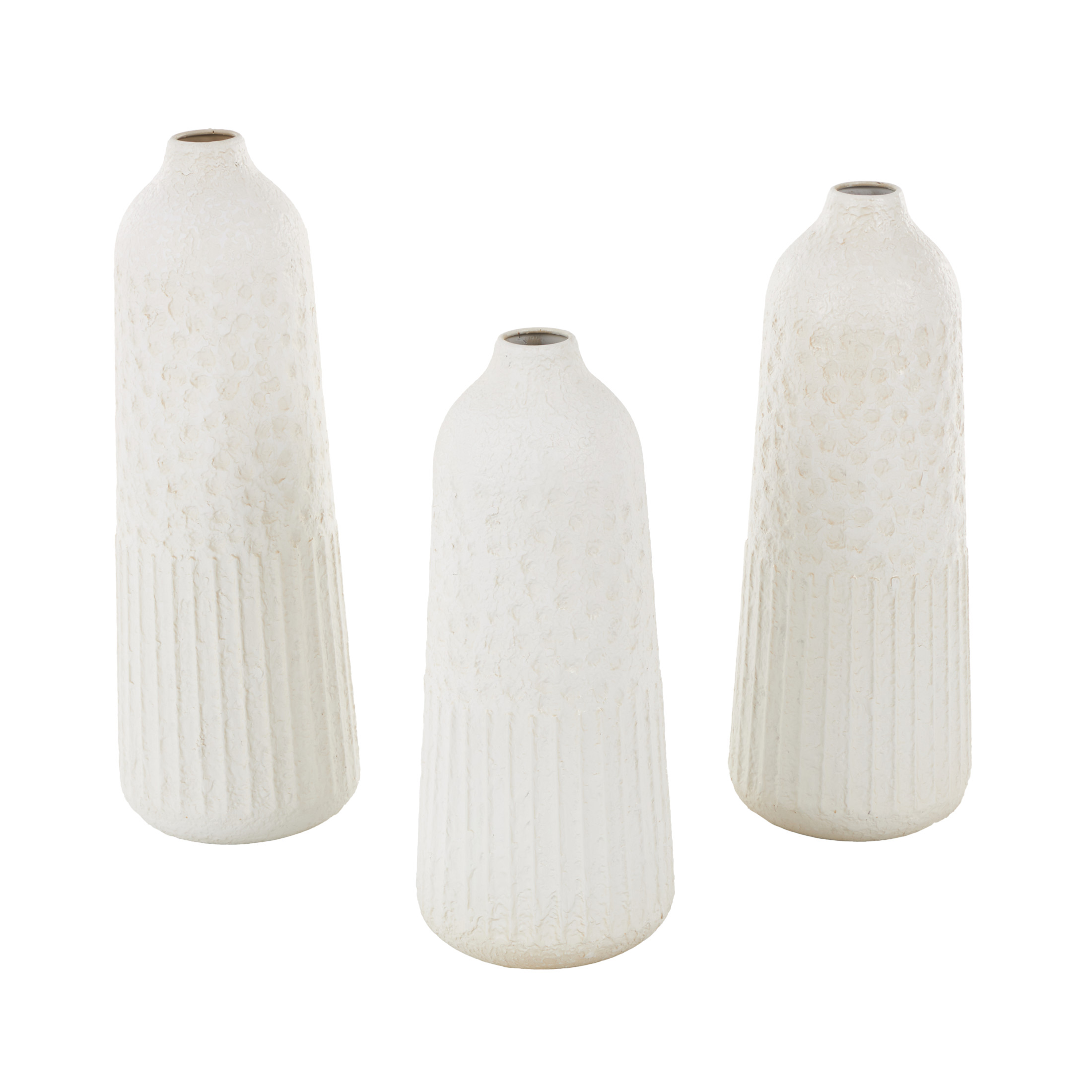 DecMode 24", 22", 20"H Textured White Metal Vase with Honeycomb Pattern, Set of 3