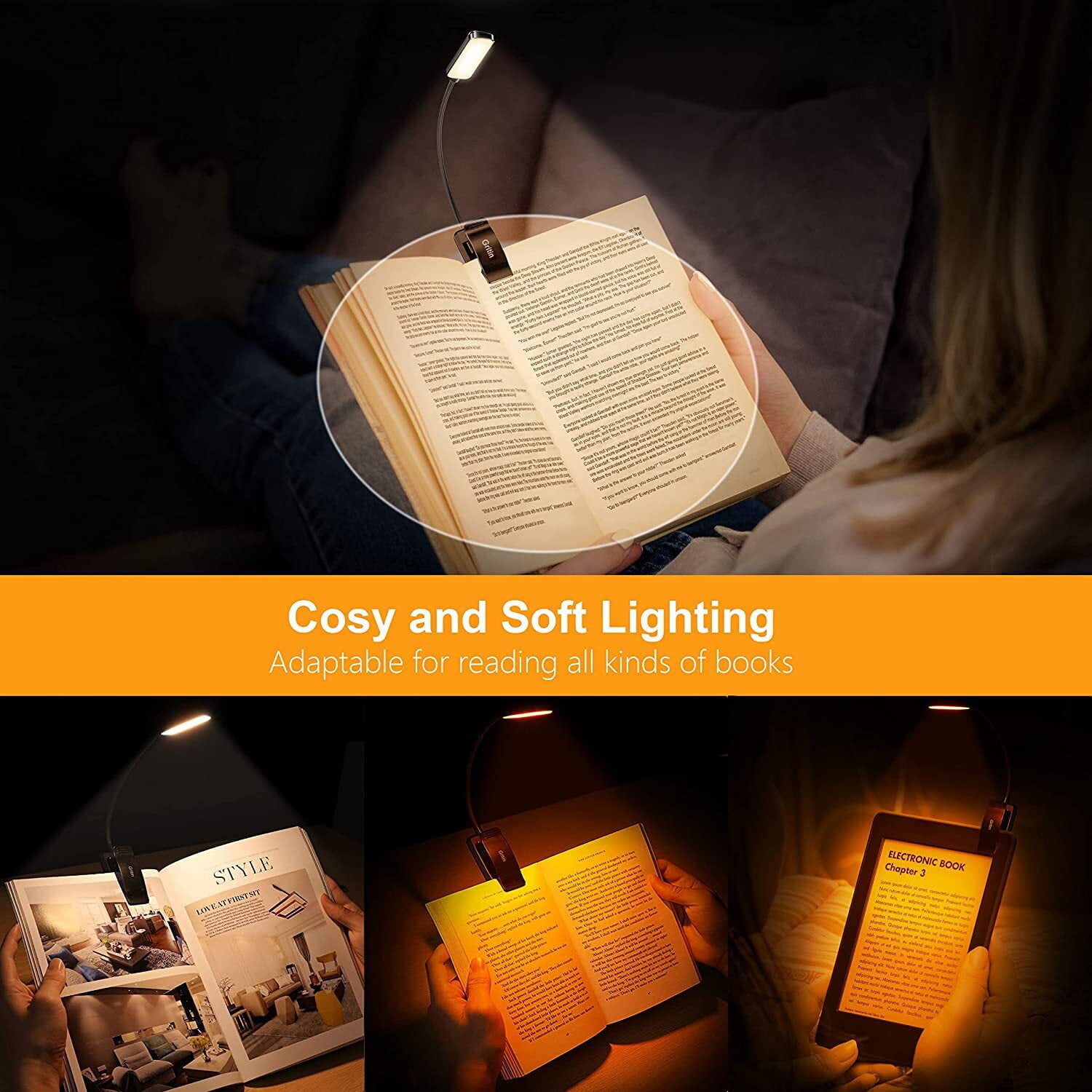 Gritin 9 LED Rechargeable Book Light for Reading in Bed - Eye Caring 3  Color Temperatures,Stepless Dimming Brightness,80 Hrs Runtime Small  Lightweight