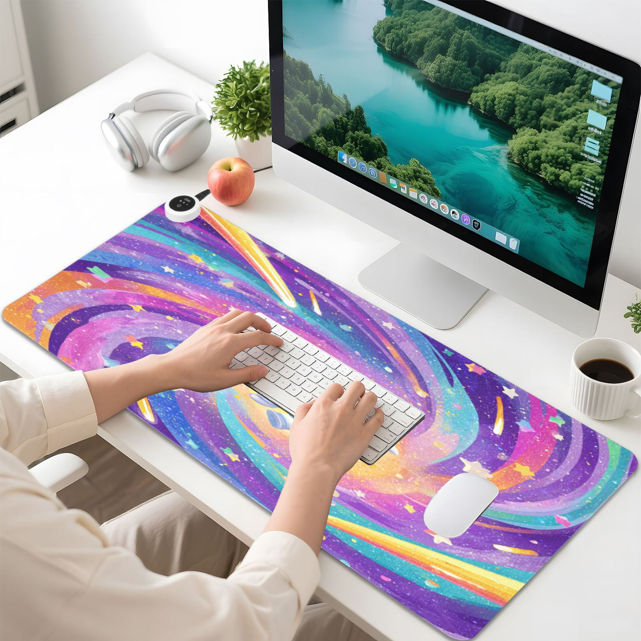 Large Heated Desk Mat Mouse Pad 31.5"x13"PU Leather Graphene Heating Desk Warmer with 3 Temperature Settings 110V US Plug Non-Slip Warm Pad for Home, Office, and Gaming Rainbow Galaxy Astronaut Art