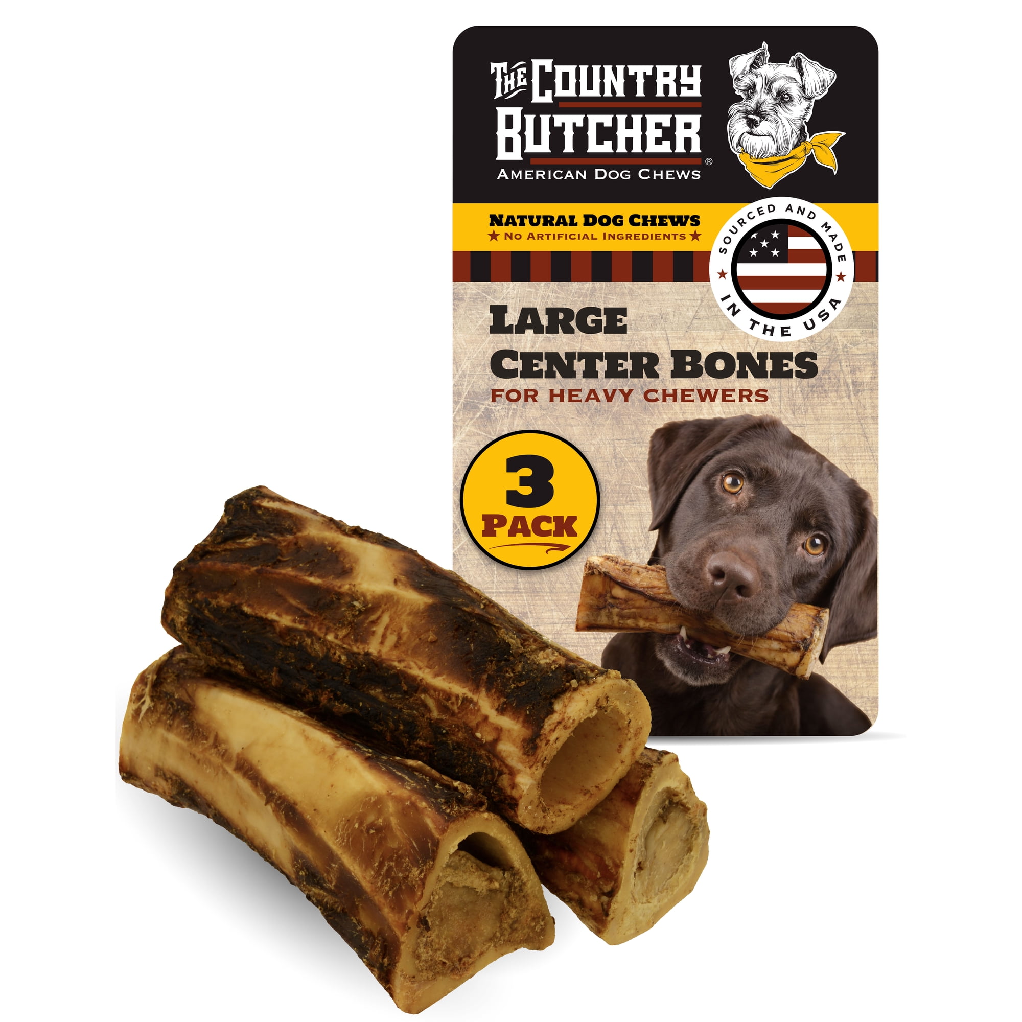 The Country Butcher 7" Beef Center Dog Bones with Marrow & Meaty Pieces, Moderate to Aggressive Chewers, Made in USA, 3 Count