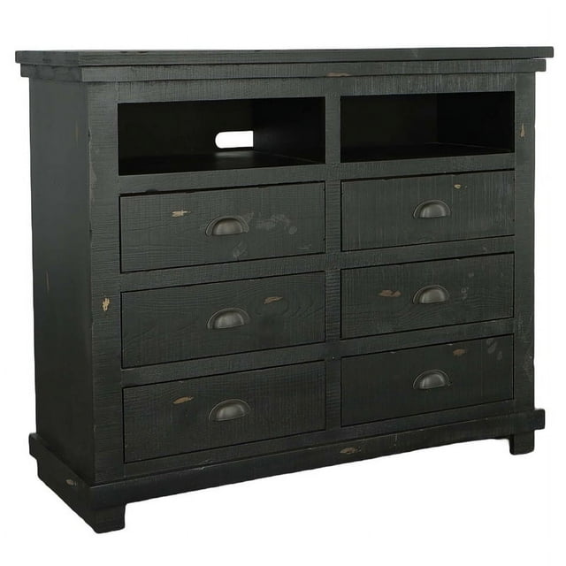 Progressive Furniture Willow 6 Wood Drawer Media Chest in Distressed Black