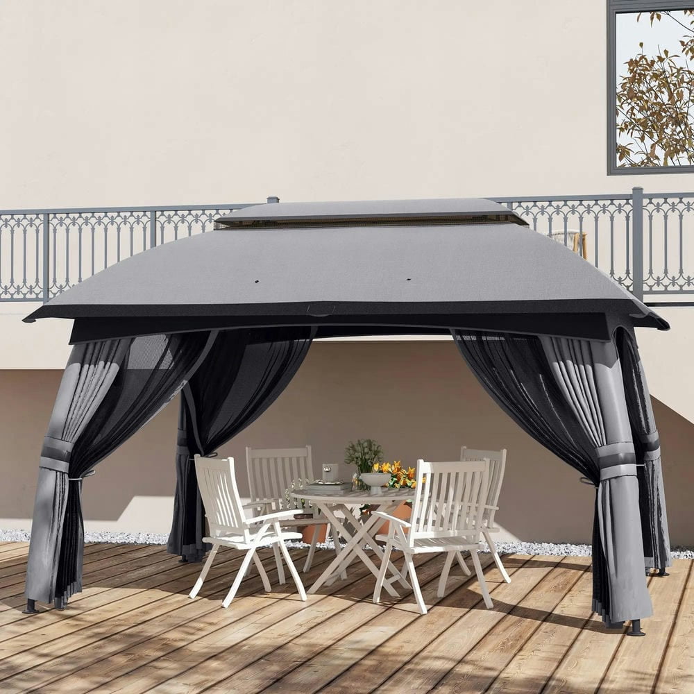 GVN Patio Garden Pergola, Pergola Canopy,10' x 13' Patio Gazebo with Netting & Curtains, Vented Roof for Garden, Dark Gray